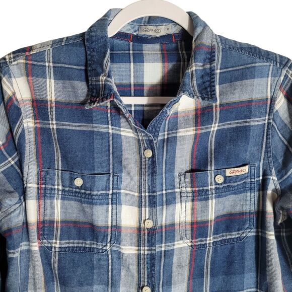 Gramicci Button Up Flannel Tunic Top Womens Size Medium M Blue Plaid Countrycore - Picture 3 of 10